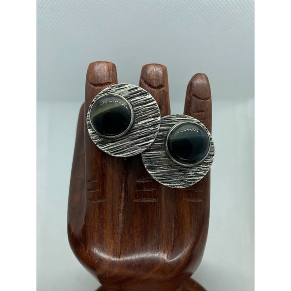 925 Sterling Silver & Blue Tigers Eye Large Circle MCM Abstract Cufflinks Vintag - Picture 4 of 8
